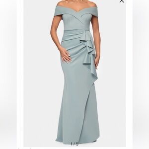 Xscape Asymmetrical Off-Shoulder Gown in Soft Blue